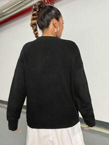 Flirla Letter Patched Drop Shoulder Knit Pullover Fall Winter Sweater - Black - View 2