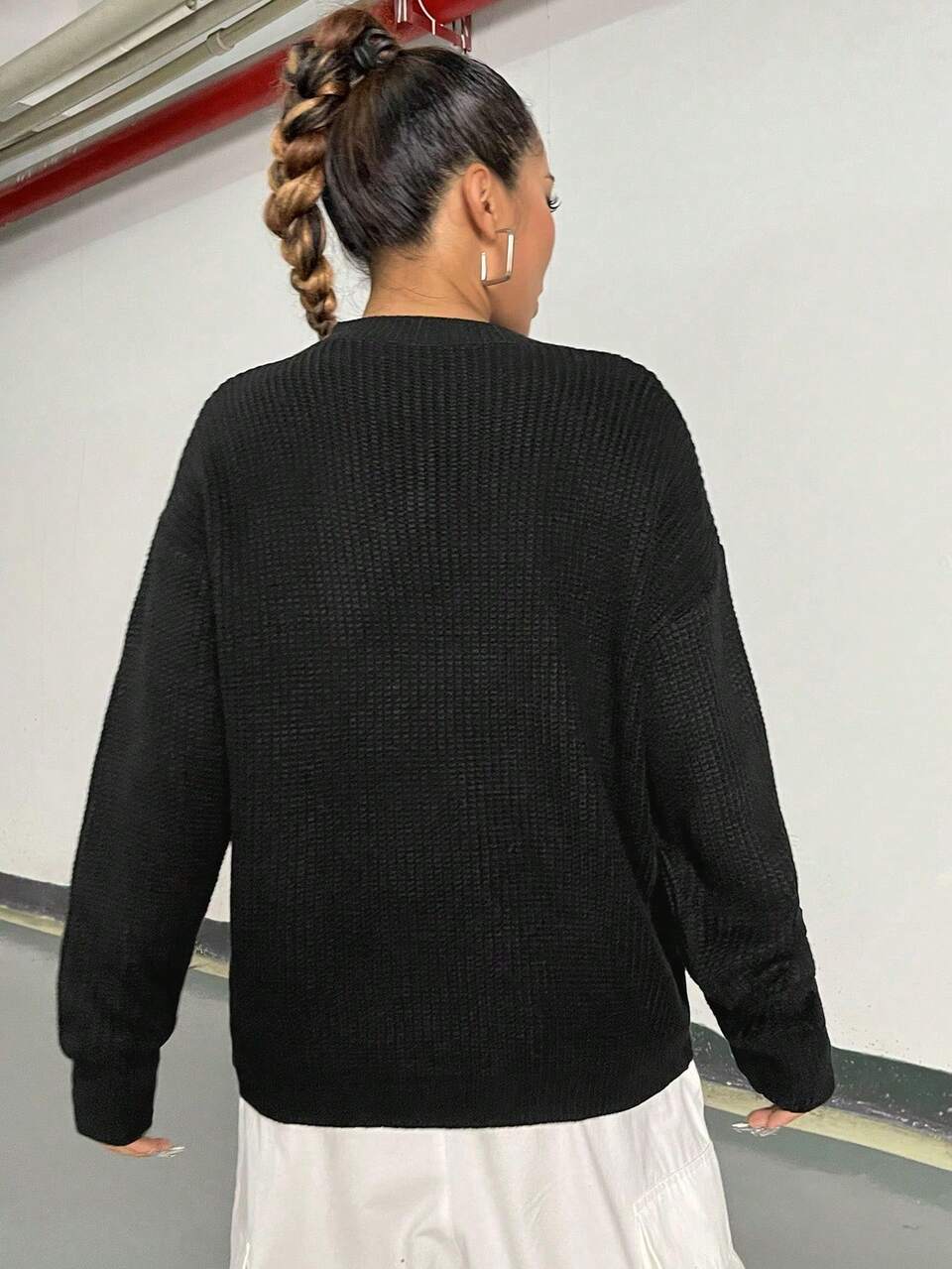 Letter Patched Drop Shoulder Knit Pullover Fall Winter Sweater