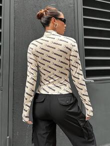 SHEIN Unity Của phụ nữ Giường đôi In Đứng cổ áo Áo thun - Màu be - Xem 2