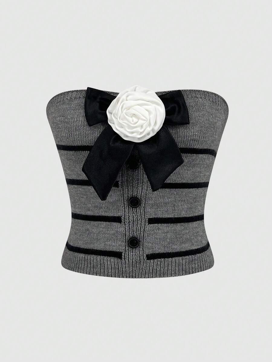 SHEIN Qutie 3d Flower Striped Knit Tank Top - Multicolor - View 1