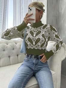 EURMUSE Của phụ nữ Đứng cổ áo Quần skinny Áo len Với Mẫu - Màu Khaki - Xem 3