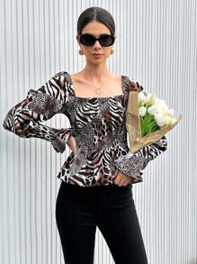 SHEIN Privé Floral Printed Square Neckline Shirt With Ruffle Hem Long Sleeve - Multicolor - View 1