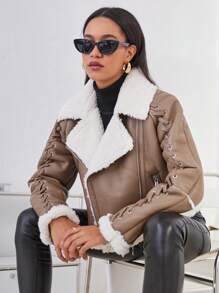 GENKIRA 女款pu皮帶長袖摩托車夾克 - 卡其色 - 查看 5