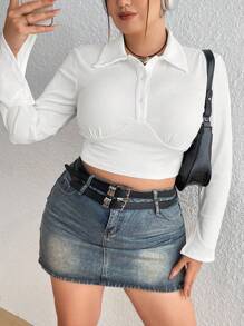 Flirla Plus Size Long Sleeve Turn-down Collar T-shirt - White - View 1