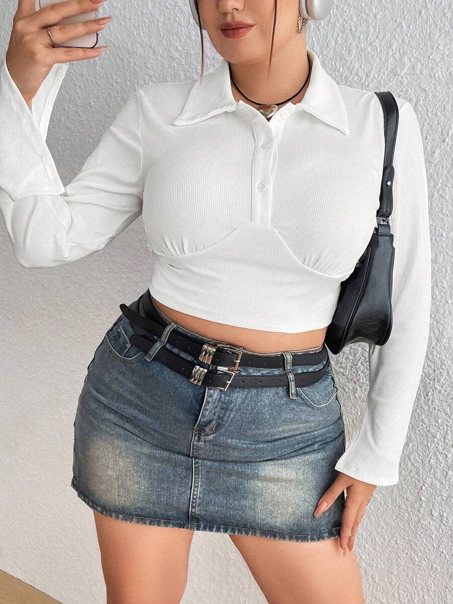 Flirla Plus Size Long Sleeve Turn-down Collar T-shirt - White - View 1