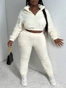 Slaydiva Women'S Fluffy Drop Shoulder Hoodie And Sweatpants Set - White - View 6