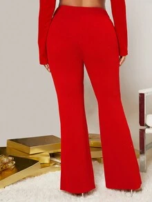 SHEIN SXY Pantalones de traje con abertura en el bajo y pierna acampanada, ideales para fiestas de Año Nuevo y Navidad sexy - Rojo - Ver 4