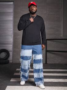 Manfinity RebelGame Men's Plus Size Loose Fit Jeans With Frayed Hem - Blue - View 5