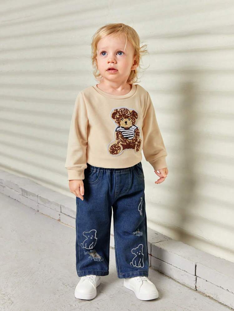 Baby Girls' Cute Casual Teddy Bear Print Ripped Straight Leg Jeans