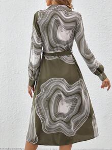 SHEIN Clasi Random Print Long Sleeve Dress - Army Green - View 2
