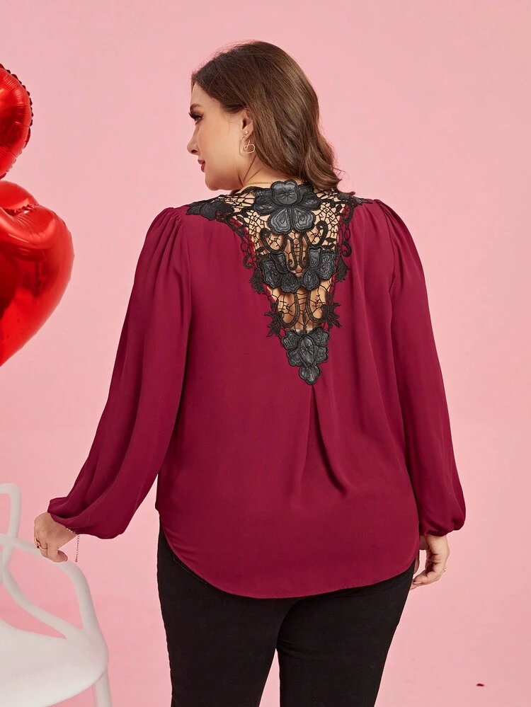 Plus Size Women's Back Patchwork Lace Blouse