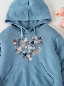 SHEIN 女孩休閒愛心印花連帽長袖運動衫,適合秋季穿著 - 藍色 - 查看 4
