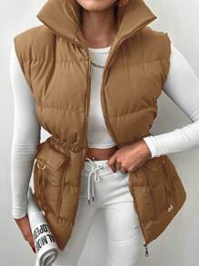 EURMUSE Zip Up Flap Pocket Vest Padded Coat - Camel - View 2