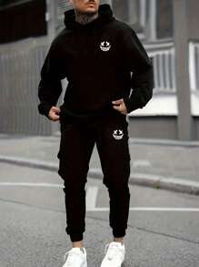 GENTILAND 男士卡通印花連帽衛衣和運動長褲套裝 - 黑色 - 查看 1