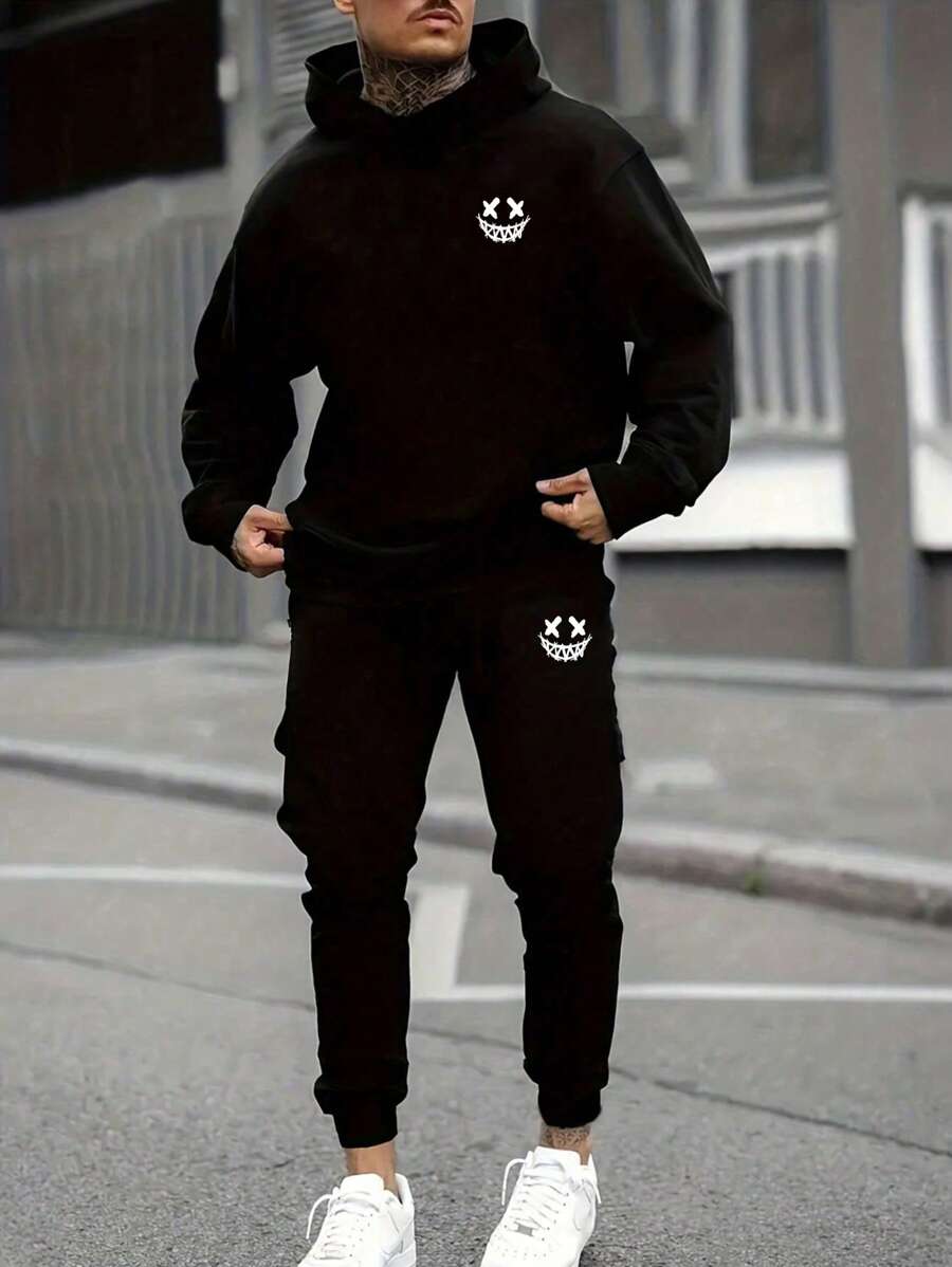 GENTILAND 男士卡通印花連帽衛衣和運動長褲套裝 - 黑色 - 查看 1