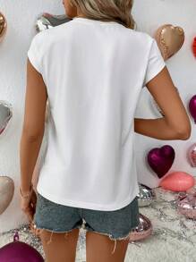 SHEIN LUNE Của phụ nữ Kim sa Trang trí Áo thun - trắng - Xem 2