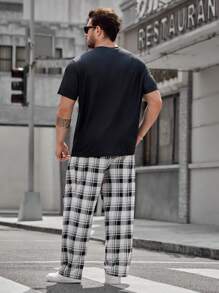 GENTILAND 男士大尺碼格紋拼接口袋t恤和格紋印花褲子休閒2件套裝 - 彩色 - 查看 2