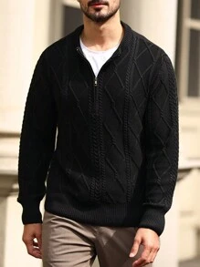 Manfinity Homme Nam Chất rắn Dây kéo nửa Xoắn Dan Áo len - màu đen - Xem 1