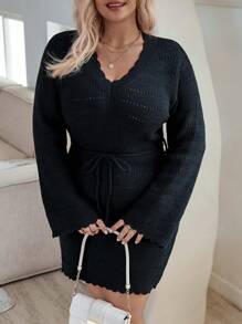 Calvaya Plus Size Sweater Dress With Scalloped Hem Fall Cloth For Women - Black - View 5