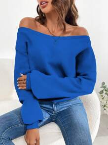 SHEIN Essnce 女式純色露肩帽衫 - 寶藍色 - 查看 1