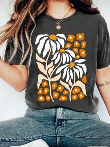 SHEIN LUNE 女款花卉印花短袖 T 卹 - 深灰色 - 查看 1