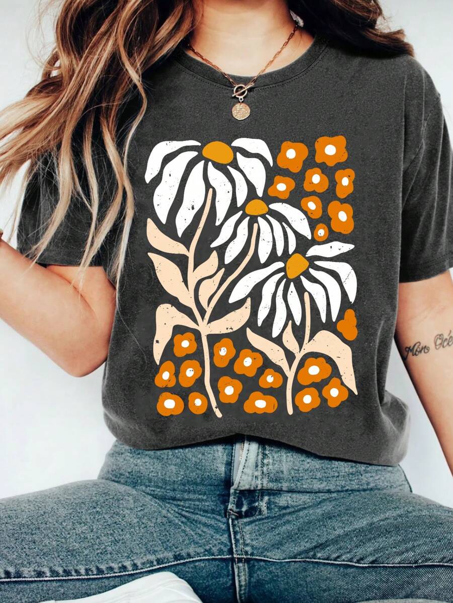 SHEIN LUNE 女款花卉印花短袖 T 卹 - 深灰色 - 查看 1