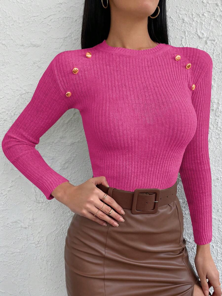Women's Pink Slim Fit Pullover Sweater - Hot Pink - View 1