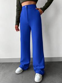 EURMUSE High-waisted Straight-leg Suit Pants With Slant Pockets - Royal Blue - View 4