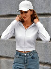 SHEIN PETITE Solid Zip Up Crop Hoodie - White - View 4
