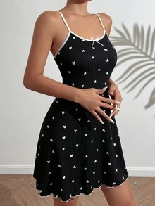 心形印花撞色邊縫背心連衣裙 - 黑色 - 查看 4