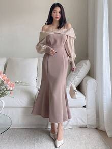 Dazy Star Khối màu Off-shoulder Tay áo Đuôi cá Hem Đầm - Màu be - Xem 6