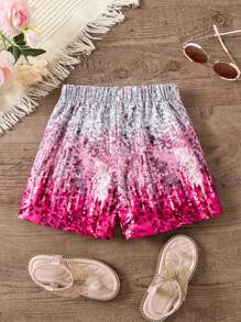 SHEIN 年輕女孩漸層閃片印花短褲，適合派對穿著 - 彩色 - 查看 2