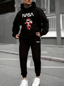 Manfinity Men's Plus Size Christmas Printed Hoodie And Sweatpants Set - Black - View 1