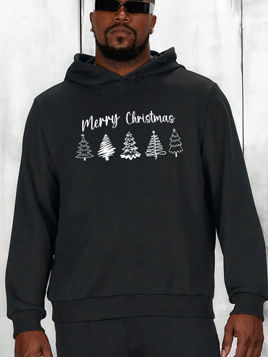 Manfinity Homme Men's Hooded Christmas Tree & Slogan Printed Sweatshirt - Black - View 1
