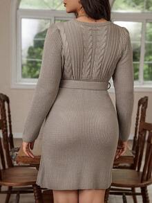 Calvaya 大尺碼女式粗針織毛衣裙配腰帶 - 卡其色 - 查看 2