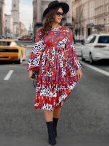 Calvaya Plus Size Leopard & Floral Print Splicing Lantern Sleeve Belted Dress - Red - View 1