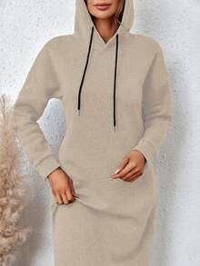 Casual Side Pockets Drawstring Hooded Long Sweatshirt Dress For Autumn/Winter - Khaki - View 5