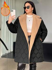 SHEIN Essnce Plus Lapel Neck Slant Pocket Teddy Lined Quilted Coat - Black - View 1