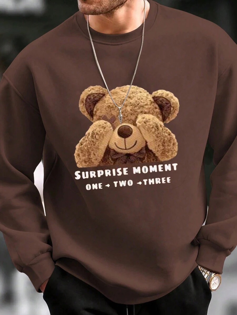 Manfinity Homme Men's Plus Size Cartoon Printed Sweatshirt - Coffee Brown - View 1