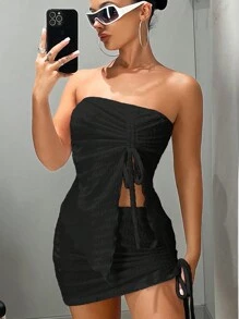 SHEIN ICON 女士無肩帶褶皺短上衣和裙子套裝 - 黑色 - 查看 6
