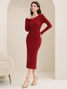 Modelyn 紧身不对称领口连衣裙（不含腰带） - 紅色 - 查看 3
