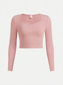 少女時尚肋紋長袖t恤,配以針織平紋肌理,鑲嵌鑽石裝飾的衣領 - 藕粉色 - 查看 1