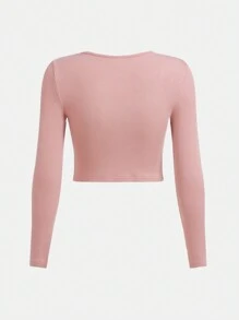 少女時尚肋紋長袖t恤,配以針織平紋肌理,鑲嵌鑽石裝飾的衣領 - 藕粉色 - 查看 2