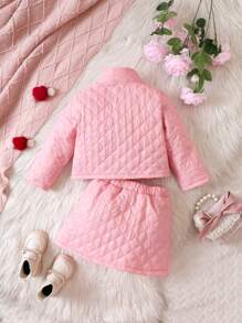 Baby Girl Padded Coat With Skirt Set For Fall And Winter - Pink - View 2