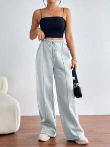 SHEIN Essnce 女款純色抽繩運動直筒褲 - 淺灰色 - 查看 3