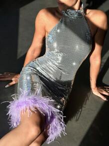 EURMUSE Women's Silver Cold Shoulder Fringed Dress - Silver - View 1