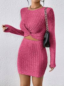 SHEIN Essnce 女款紐扣 Polo 衫和裙子兩件套 - 玫紅色 - 查看 1