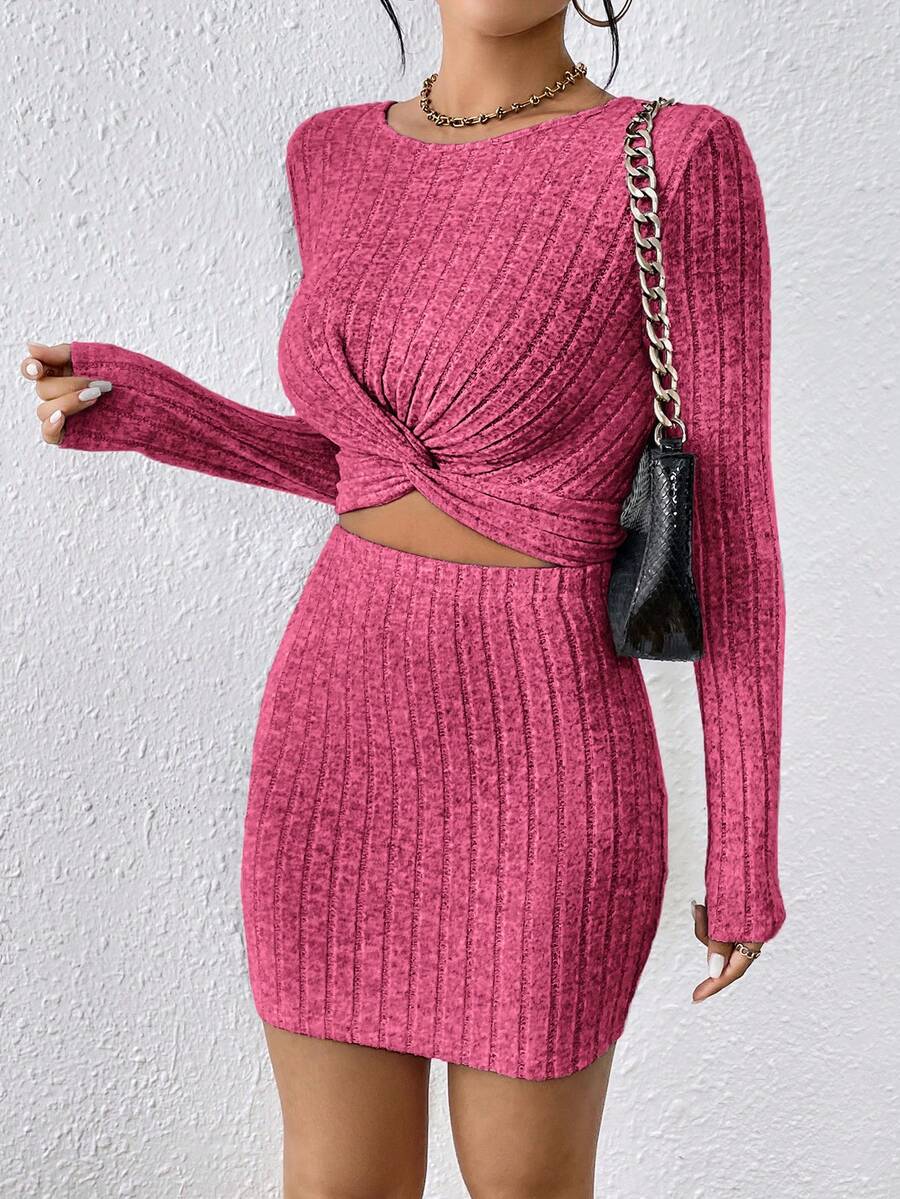 SHEIN Essnce 女款紐扣 Polo 衫和裙子兩件套 - 玫紅色 - 查看 1