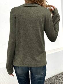 SHEIN LUNE 女性純色半拉鍊襯領t恤 - 軍綠色 - 查看 2