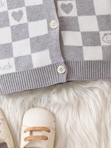 嬰兒男童格子心形圖案前鈕釦針織衫 - 灰色 - 查看 6
